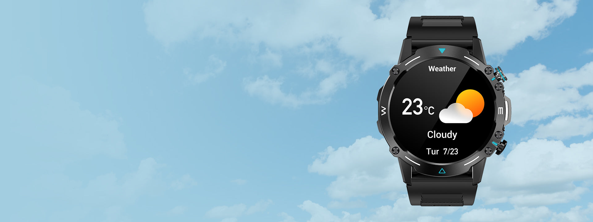 Colmi M42 smartwatch displaying weather information, featuring slim design, 100+ sports modes, and 10-day battery life.