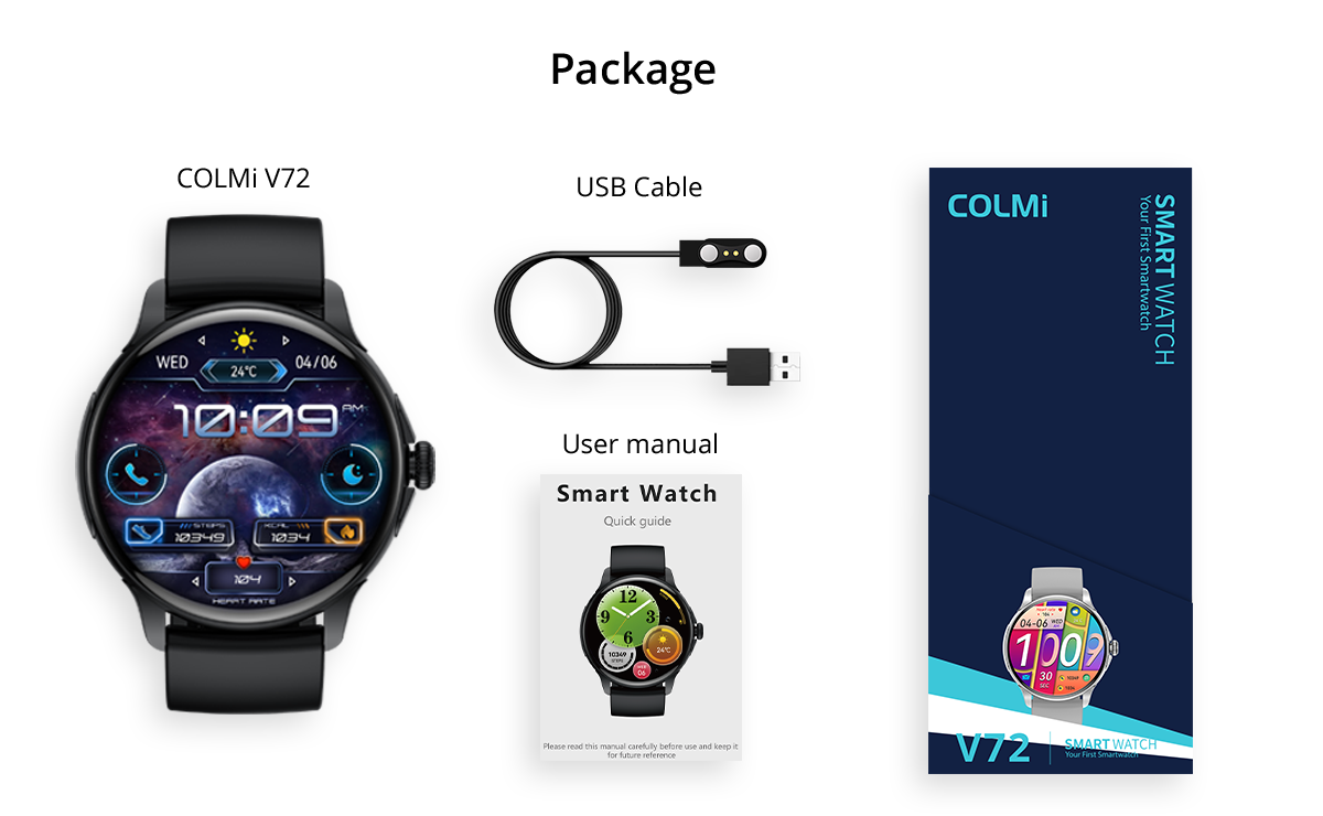 colmi v72 smart klocka med stor amoled display i kartongen