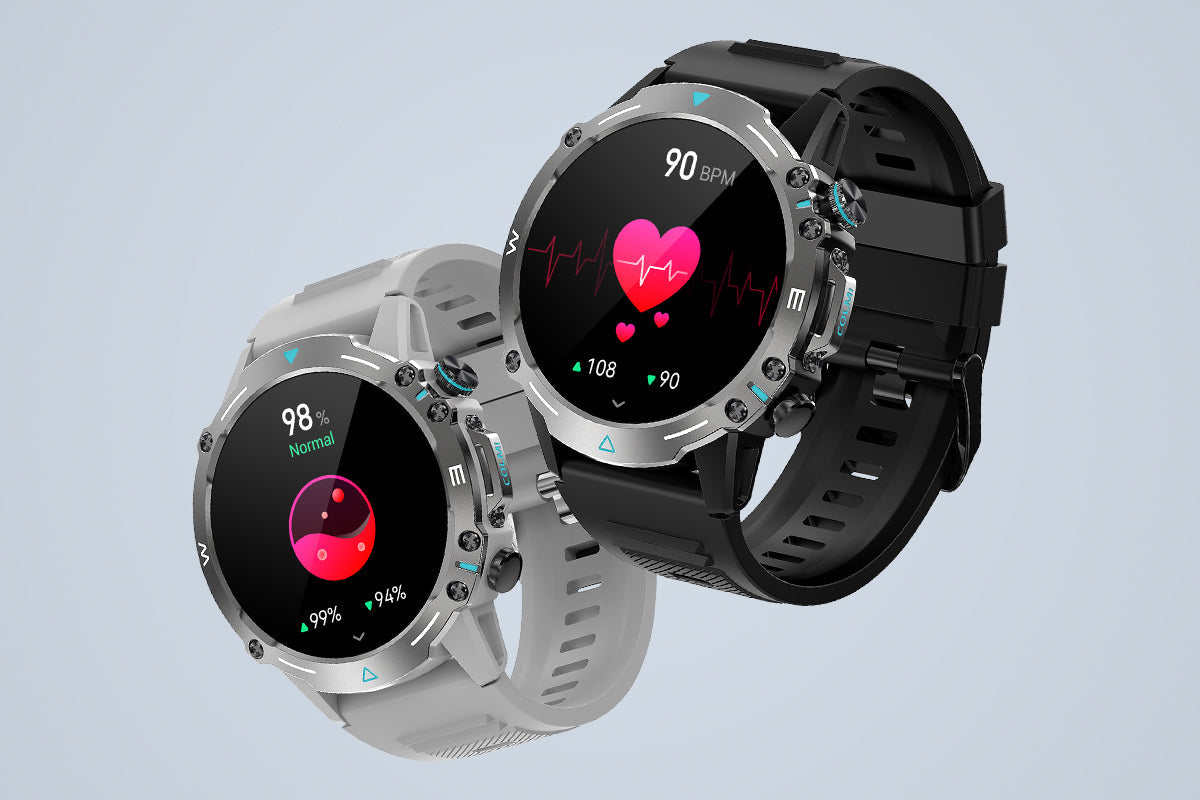 Colmi M42 smartwatch measuring blood oxygen levels, featuring slim design, 100+ sports modes, and 10-day battery life.