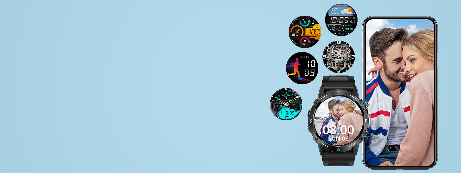 Colmi M42 smartwatch featuring customizable wallpaper, slim design, 100+ sports modes, and 10-day battery life.