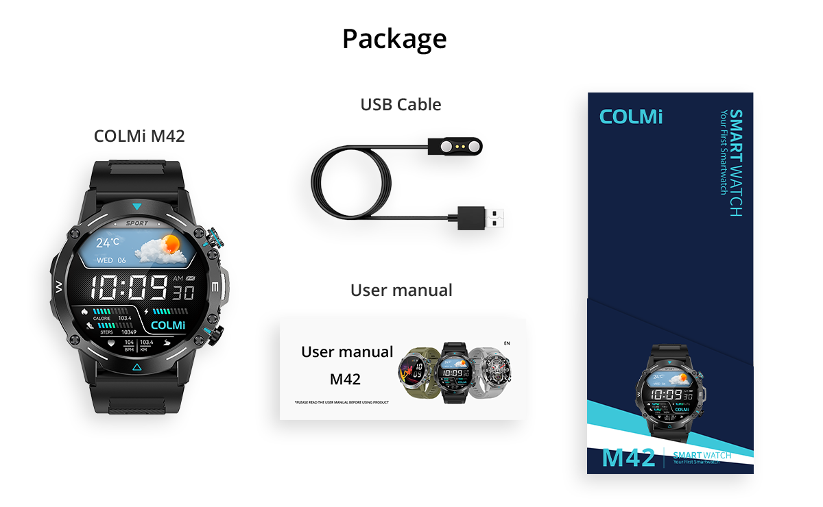 Colmi M42 smartwatch in-the-box contents including watch, charging cable, and accessories, with slim design, 100+ sports modes, and 10-day battery life.