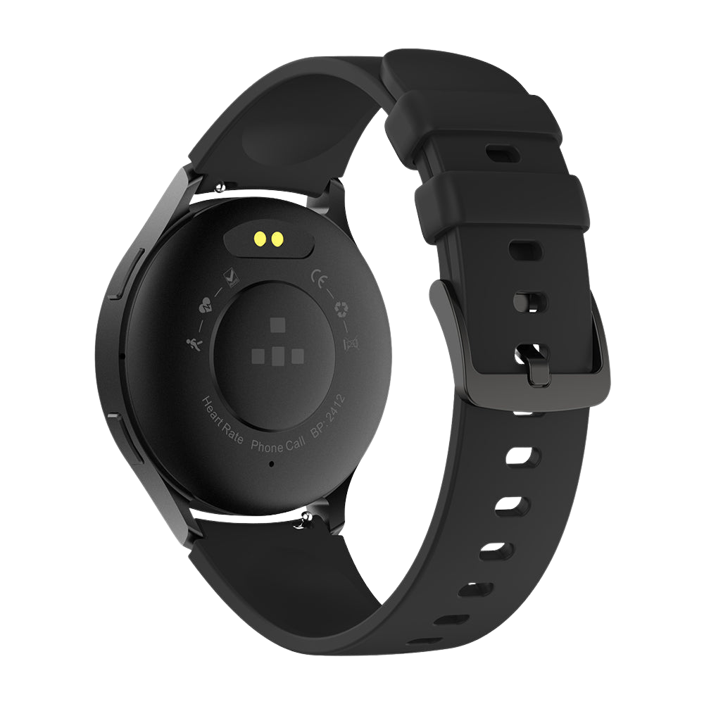 A black Colmi i28 Ultra smartwatch shown from the back view, highlighting the rear sensors for advanced health tracking, magnetic charging pins, and IP68 waterproof detailing against a dark background.
